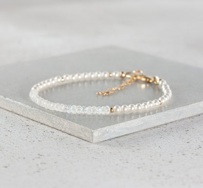 Rainbow Moonstone and Pearl Gemstone Bracelet