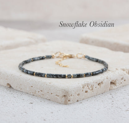 Dainty Snowflake Obsidian Heishi Bead Bracelet