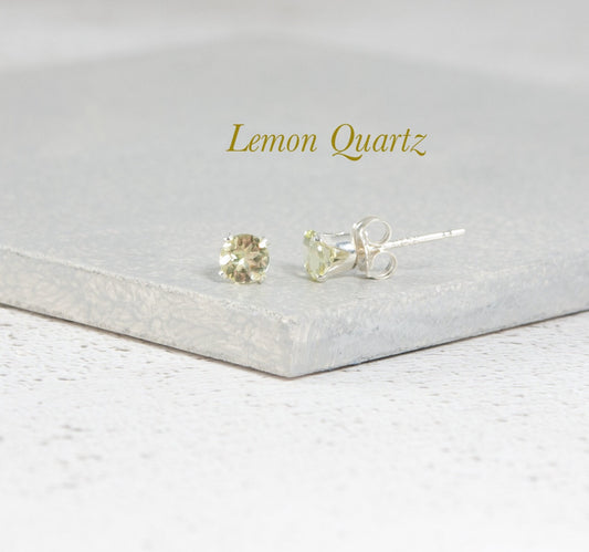 Dainty Lemon Quartz Gemstone Stud Earrings