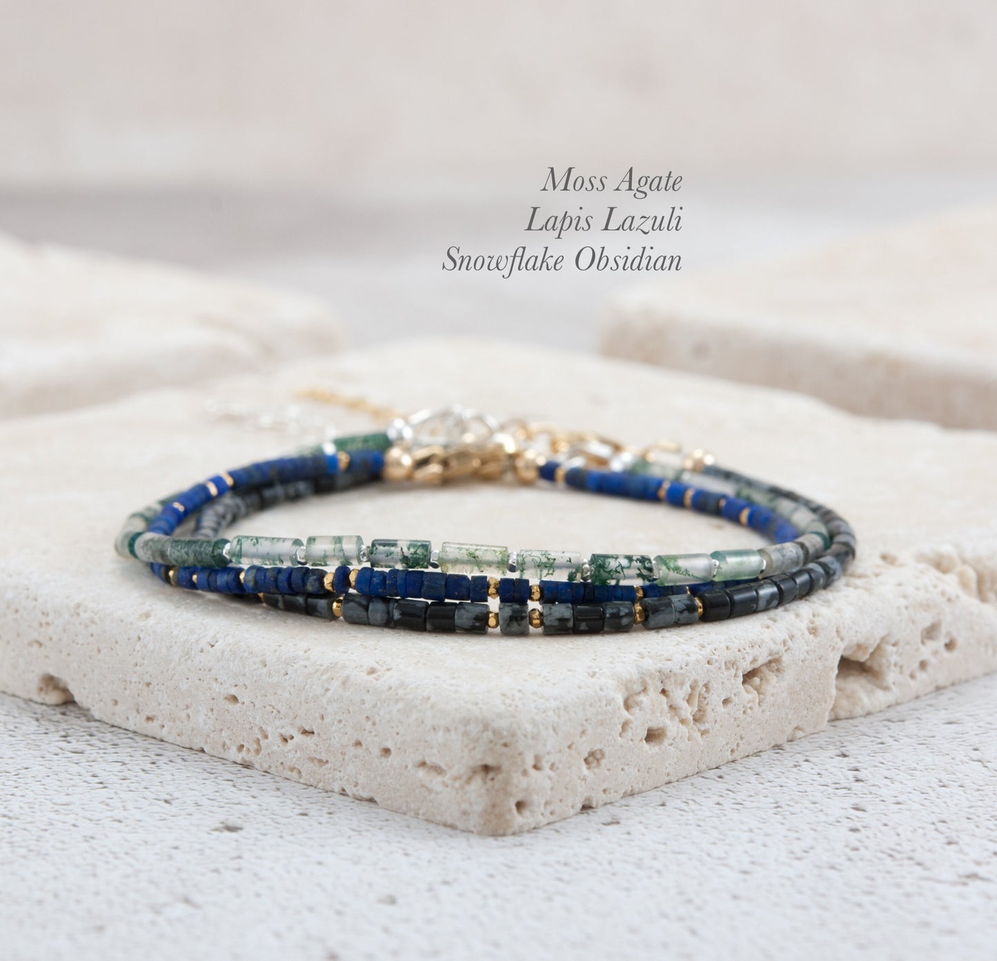 Dainty Green Moss Agate Gemstone Tube Bead Bracelet