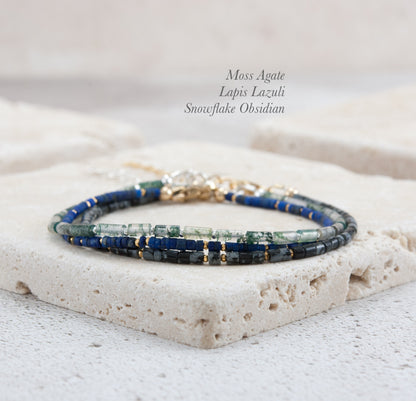 Dainty Green Moss Agate Gemstone Tube Bead Bracelet