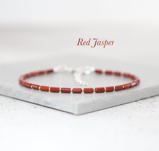 Dainty Red Jasper Gemstone Tube Bead Bracelet