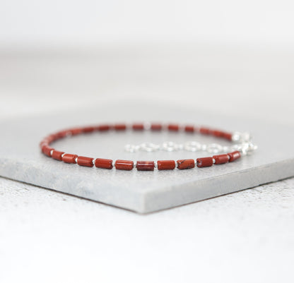 Dainty Red Jasper Gemstone Tube Bead Bracelet