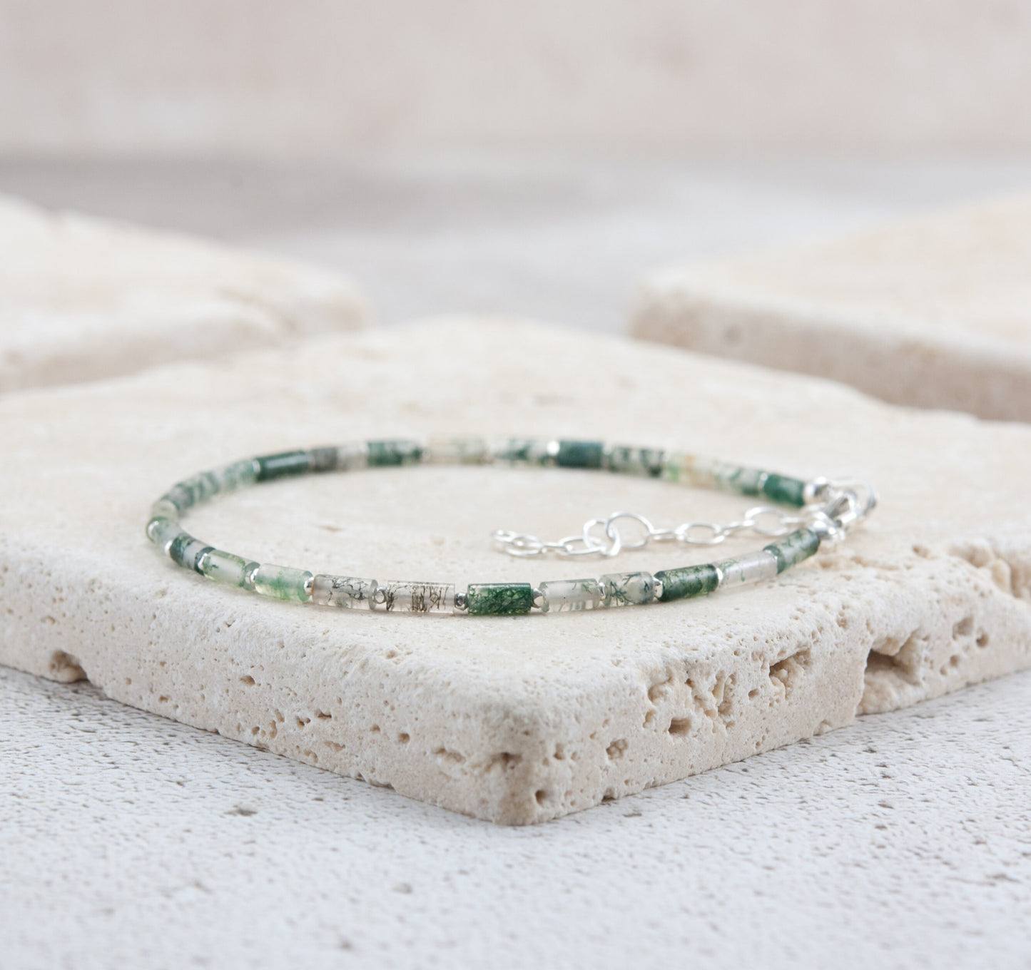 Dainty Green Moss Agate Gemstone Tube Bead Bracelet
