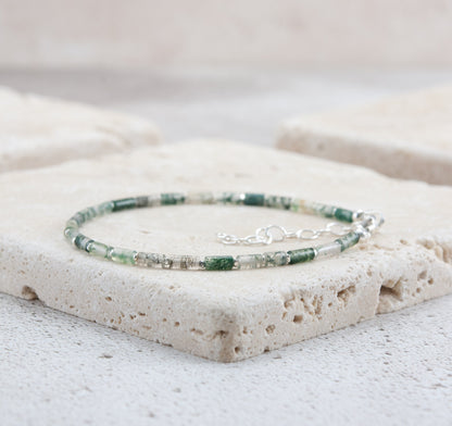 Dainty Green Moss Agate Gemstone Tube Bead Bracelet