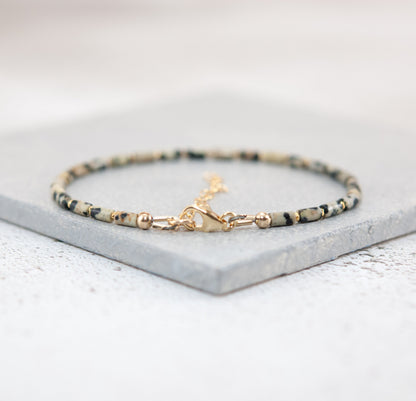Dainty Dalmatian Jasper Gemstone Tube Bead Bracelet