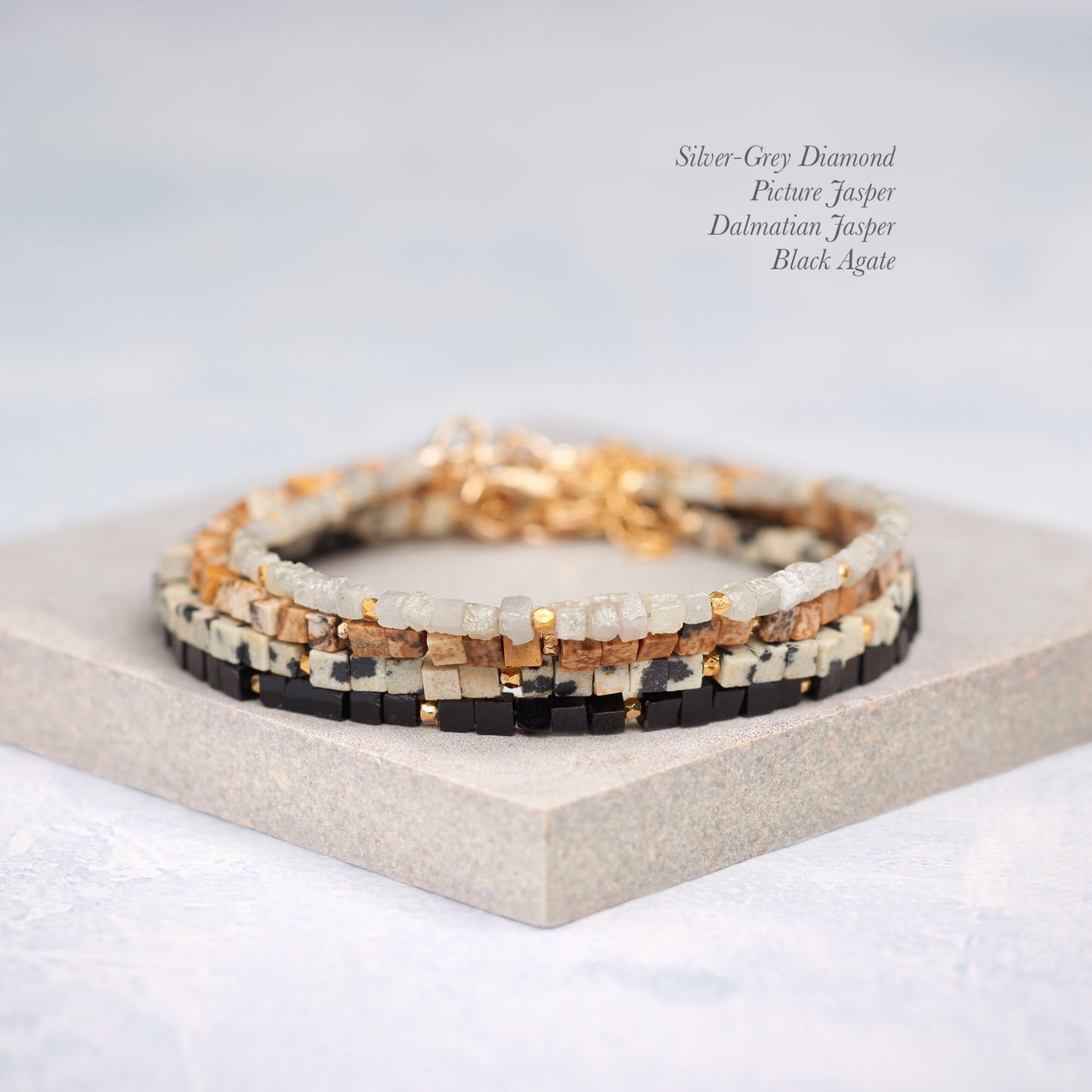 Dainty Dalmatian Jasper Gemstone Cube Bead Bracelet
