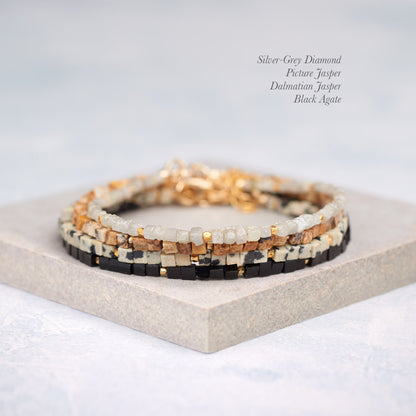 Dainty Dalmatian Jasper Gemstone Cube Bead Bracelet