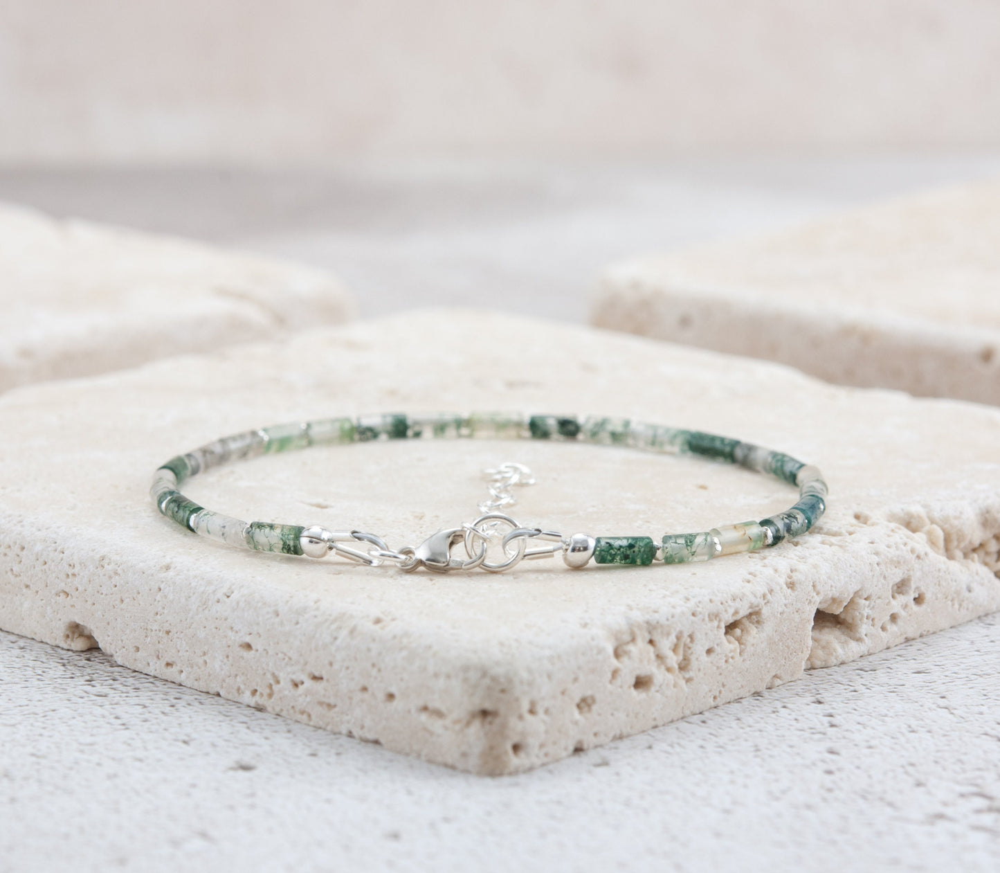 Dainty Green Moss Agate Gemstone Tube Bead Bracelet