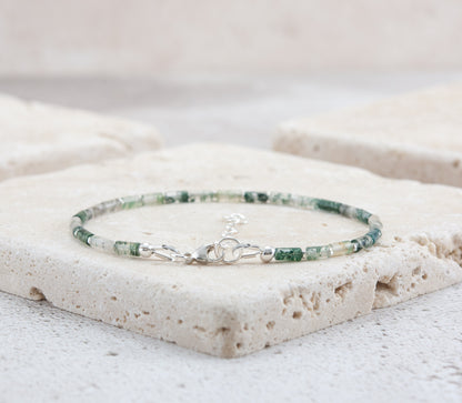 Dainty Green Moss Agate Gemstone Tube Bead Bracelet