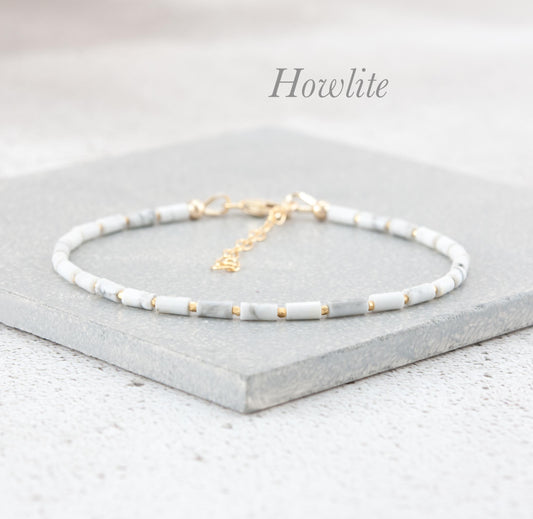 Dainty Howlite Gemstone Tube Bead Bracelet