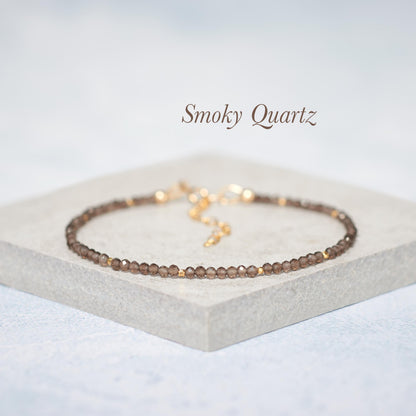 Set Of 4 Dainty Gemstone Stacking Bracelets, Larimar, Smoky Quartz, Tanzanite & Topaz
