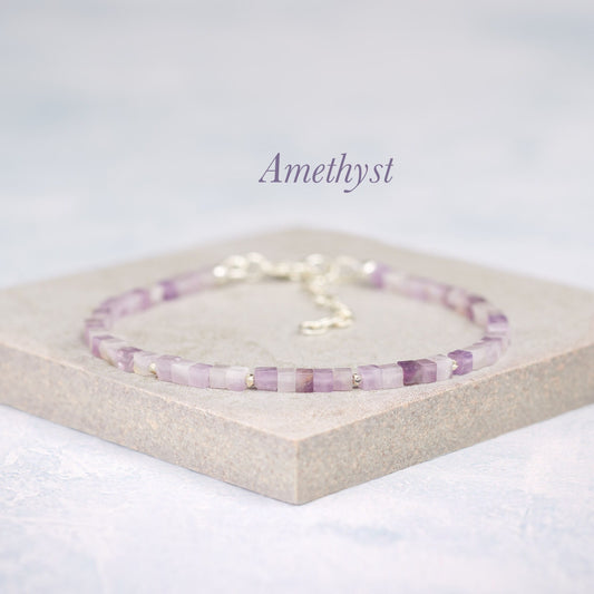 Dainty Amethyst Gemstone Cube Bead Bracelet