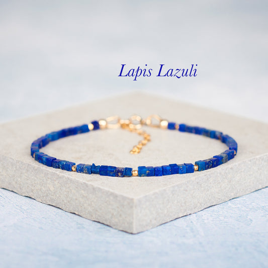 Dainty Lapis Lazuli Gemstone Cube Bead Bracelet