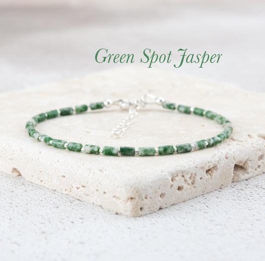 Dainty Green Spot Jasper Gemstone Tube Bead Bracelet