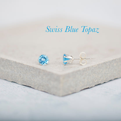 Dainty Swiss Blue Topaz Gemstone Stud Earrings, 4mm Genuine Blue Topaz & Sterling Silver/Gold Fill Post Earrings, December Birthstone Gift