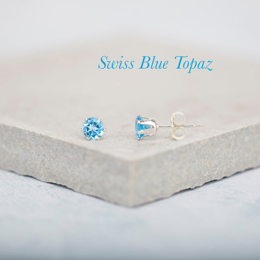 Dainty Swiss Blue Topaz Gemstone Stud Earrings, 4mm Genuine Blue Topaz & Sterling Silver/Gold Fill Post Earrings, December Birthstone Gift