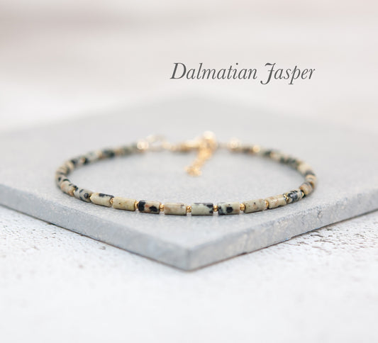 Dainty Dalmatian Jasper Gemstone Tube Bead Bracelet