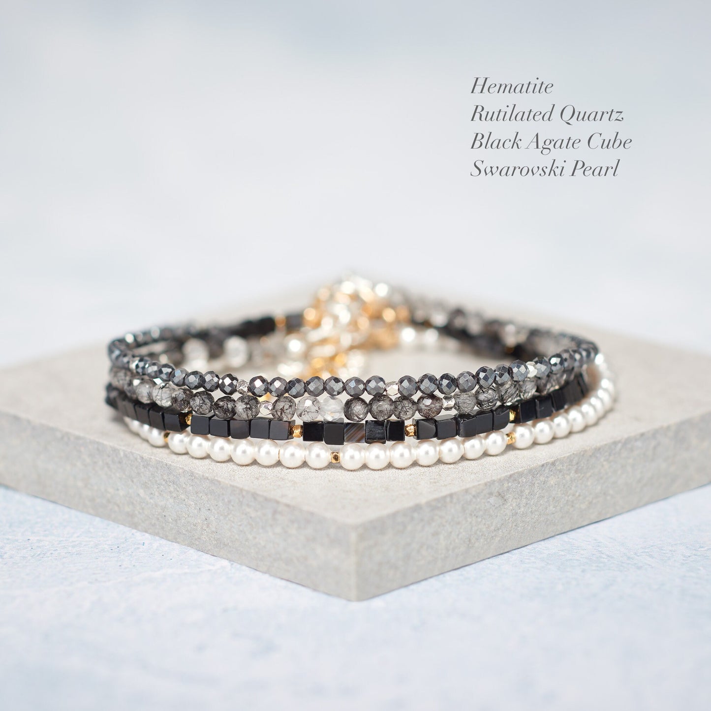 Dainty Black Agate Cube Bead Gemstone Bracelet