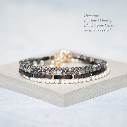 Dainty Black Agate Cube Bead Gemstone Bracelet