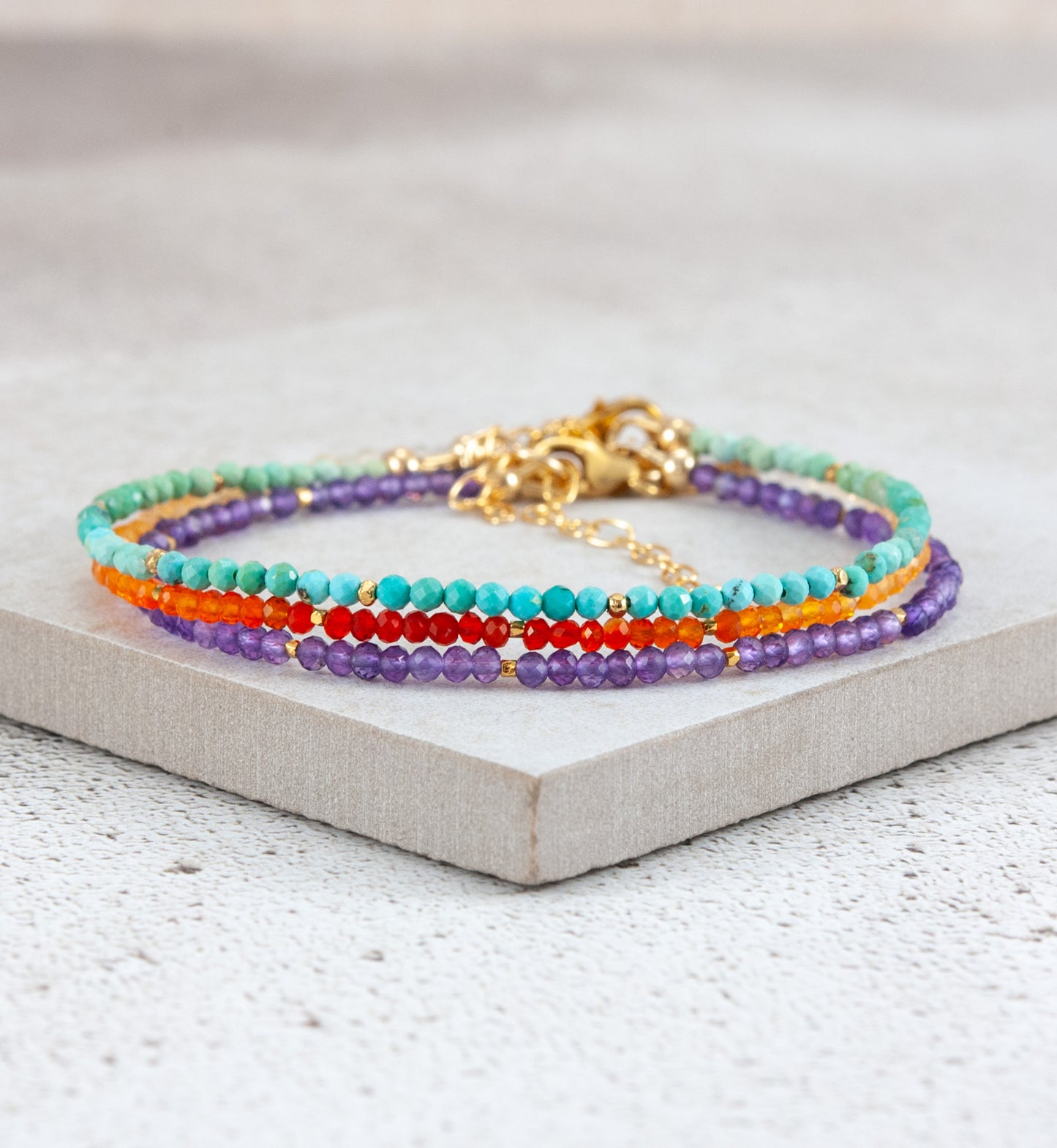 Set Of 3 Dainty Stacking Bracelets (Turquoise, Fire Opal & Amethyst)