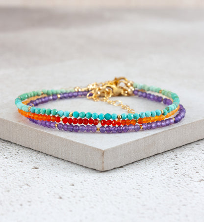 Set Of 3 Dainty Stacking Bracelets (Turquoise, Fire Opal & Amethyst)