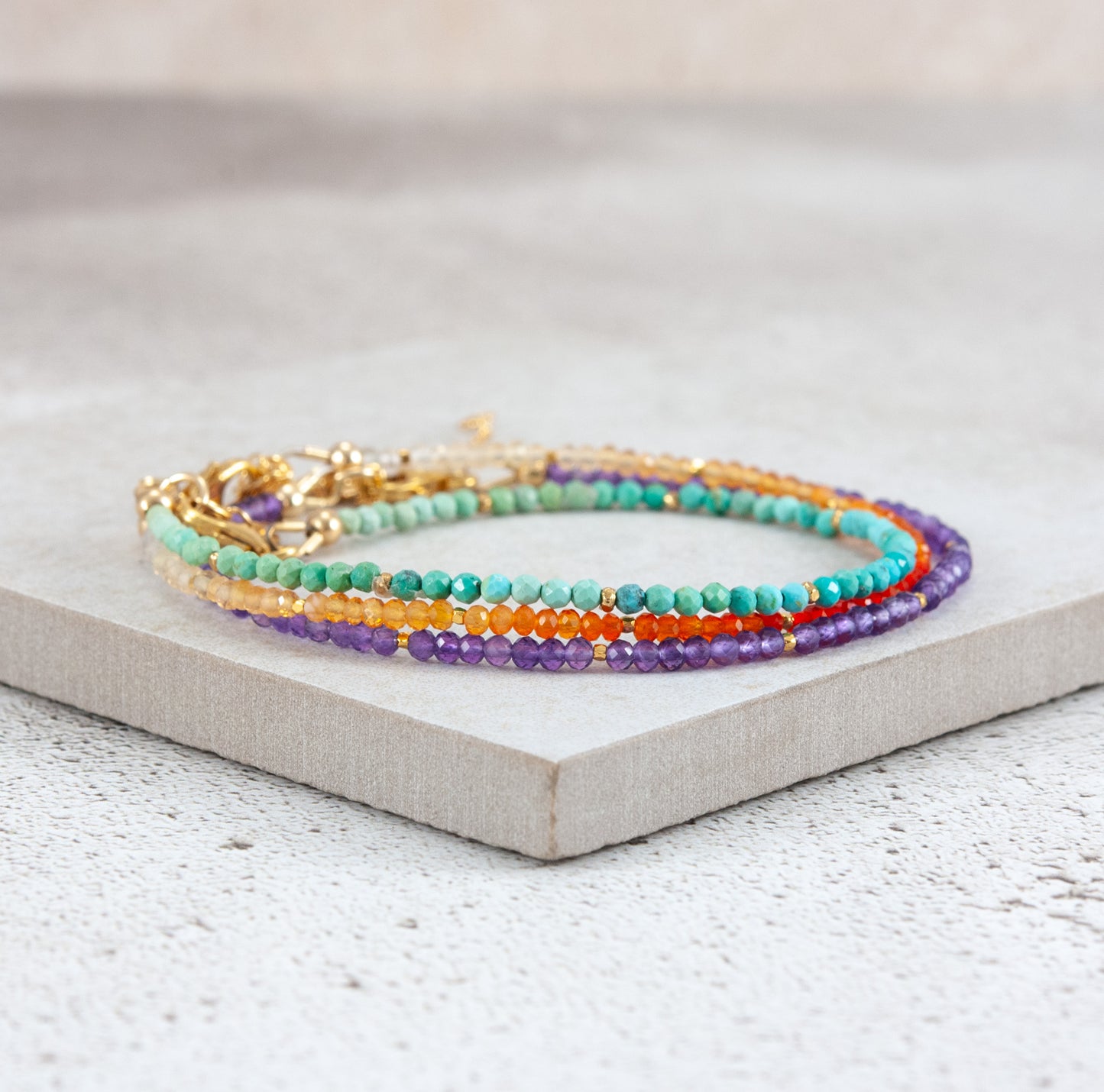 Set Of 3 Dainty Stacking Bracelets (Turquoise, Fire Opal & Amethyst)