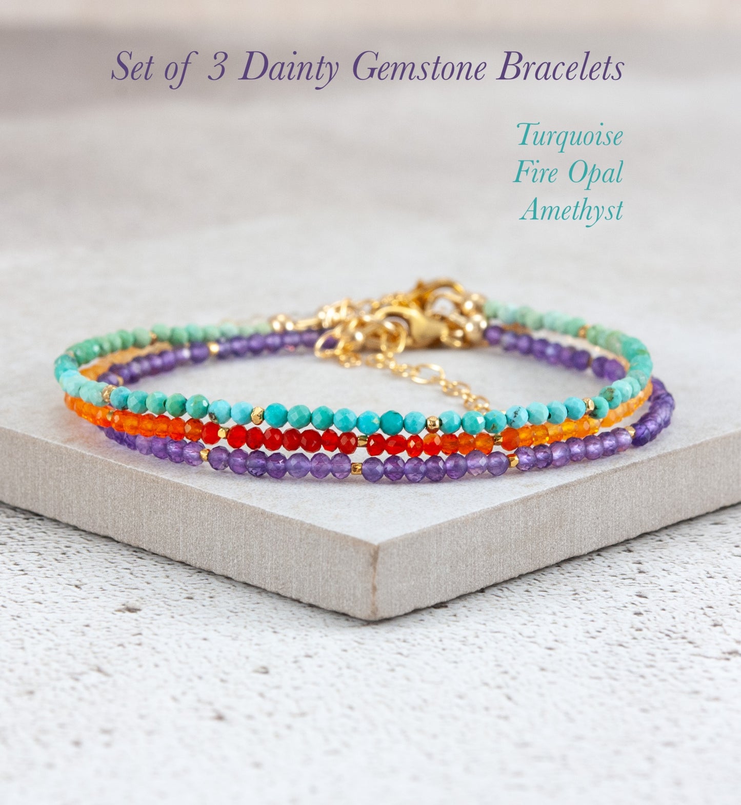 Set Of 3 Dainty Stacking Bracelets (Turquoise, Fire Opal & Amethyst)