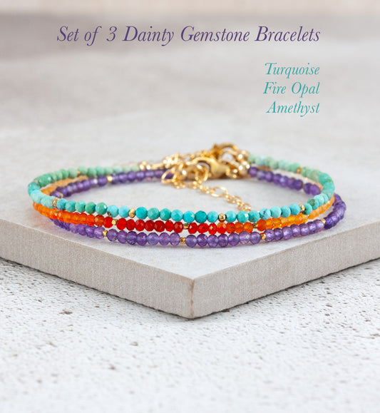Set Of 3 Dainty Stacking Bracelets (Turquoise, Fire Opal & Amethyst)