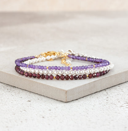 Set Of 3 Dainty Stacking Bracelets (Amethyst, Pearl & Garnet)