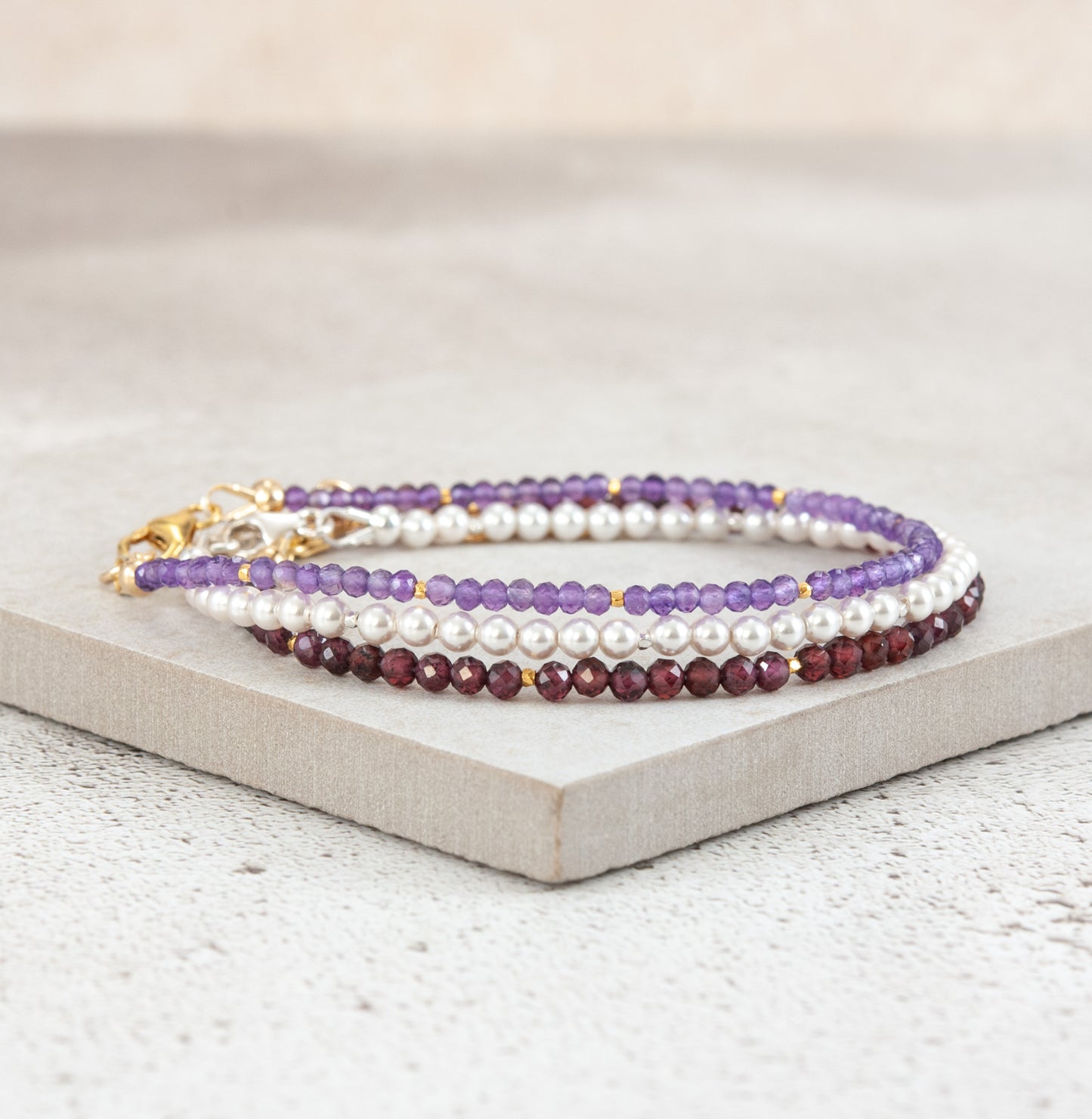 Set Of 3 Dainty Stacking Bracelets (Amethyst, Pearl & Garnet)