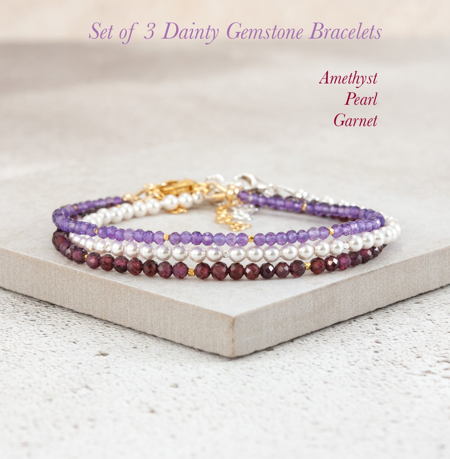 Set Of 3 Dainty Stacking Bracelets (Amethyst, Pearl & Garnet)