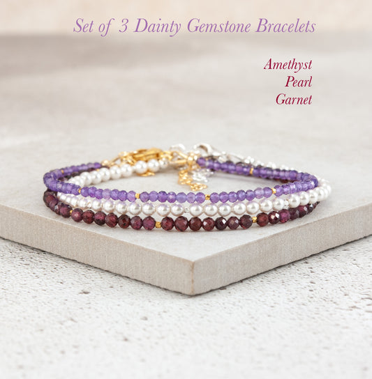 Set Of 3 Dainty Stacking Bracelets (Amethyst, Pearl & Garnet)