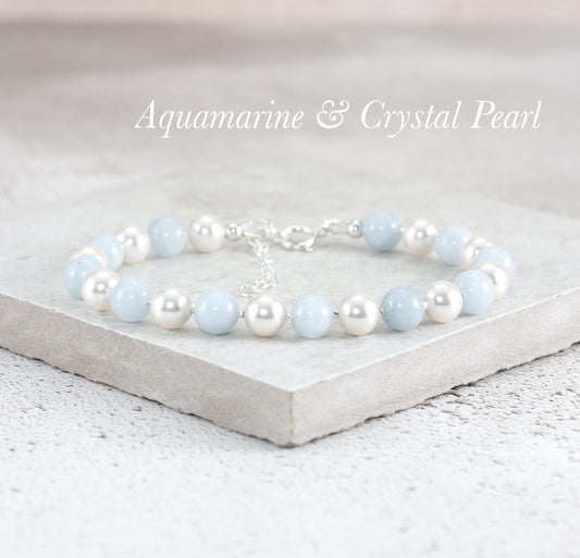 Aquamarine & Crystal Pearl Gemstone Bracelet