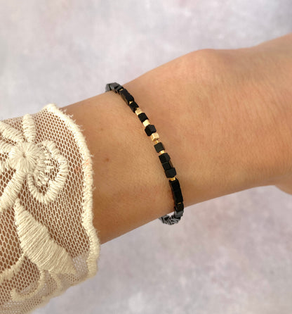 Black Agate Gemstone & Gold Fill Cube Bracelet