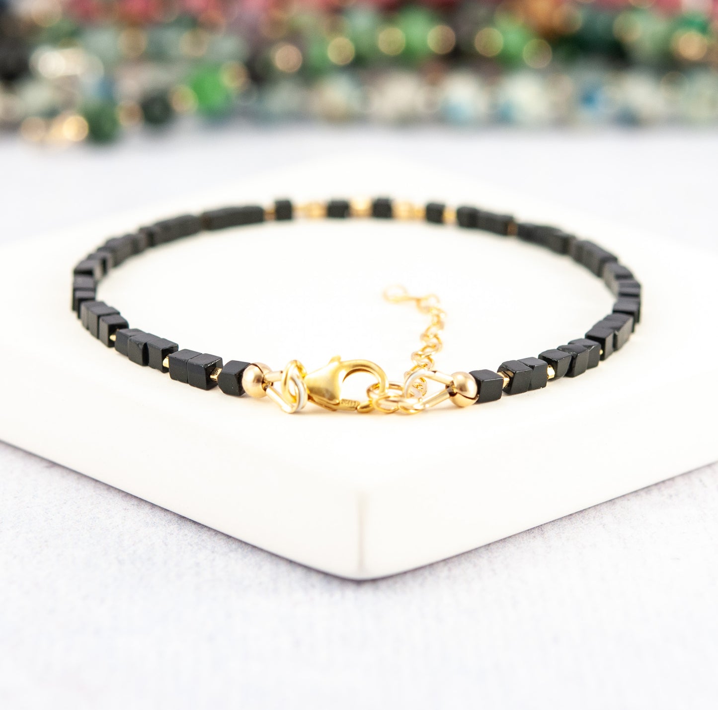 Black Agate Gemstone & Gold Fill Cube Bracelet