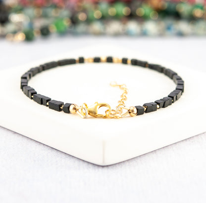 Black Agate Gemstone & Gold Fill Cube Bracelet