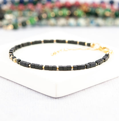 Black Agate Gemstone & Gold Fill Cube Bracelet