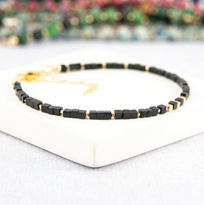 Black Agate Gemstone & Gold Fill Cube Bracelet
