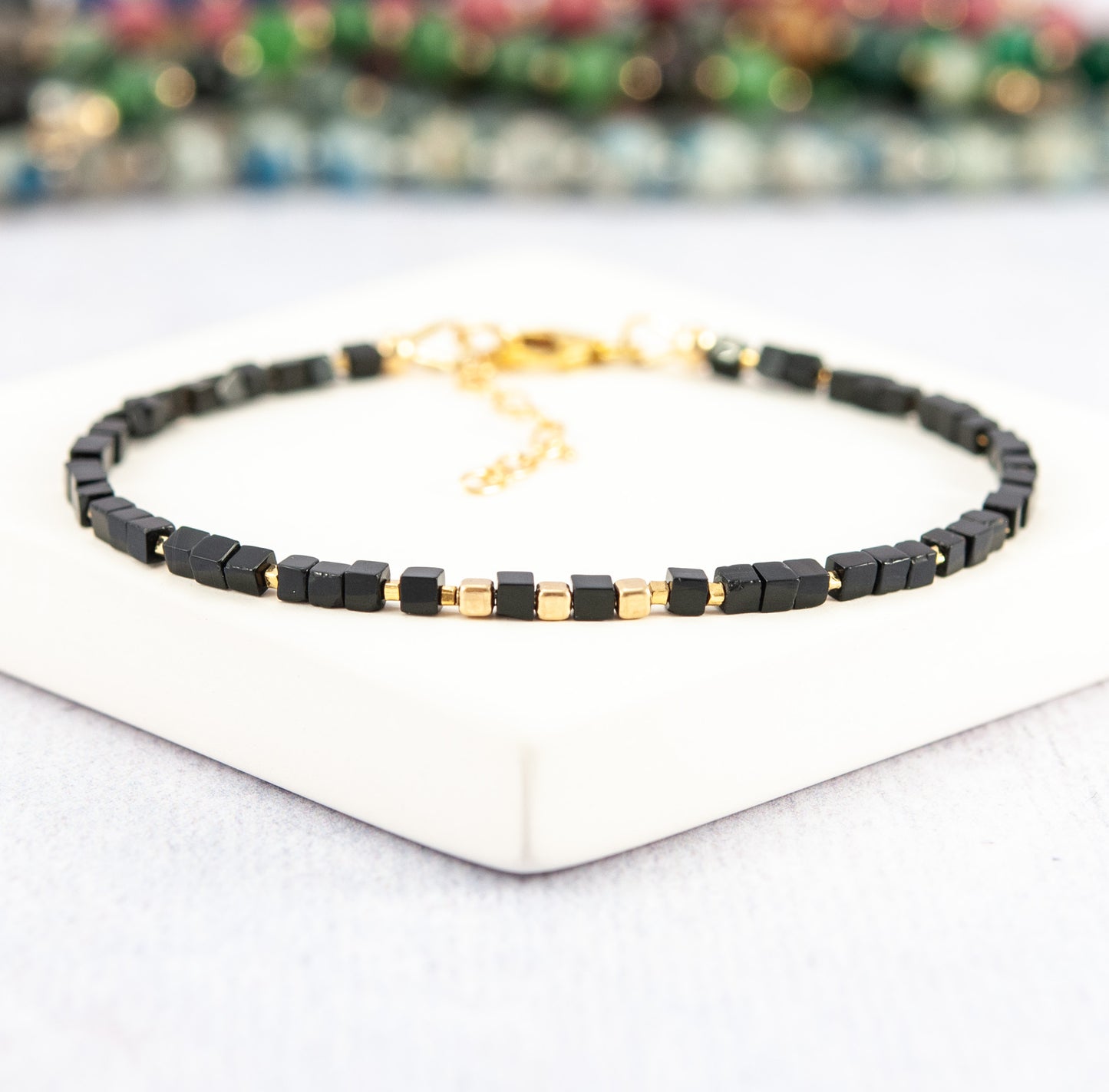Black Agate Gemstone & Gold Fill Cube Bracelet