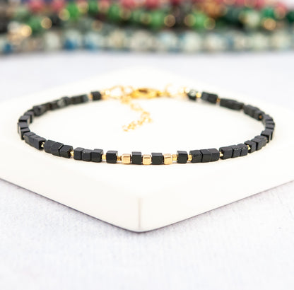 Black Agate Gemstone & Gold Fill Cube Bracelet