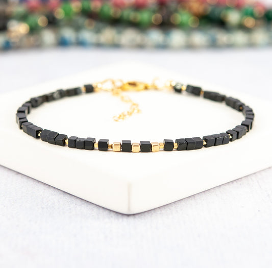 Black Agate Gemstone & Gold Fill Cube Bracelet