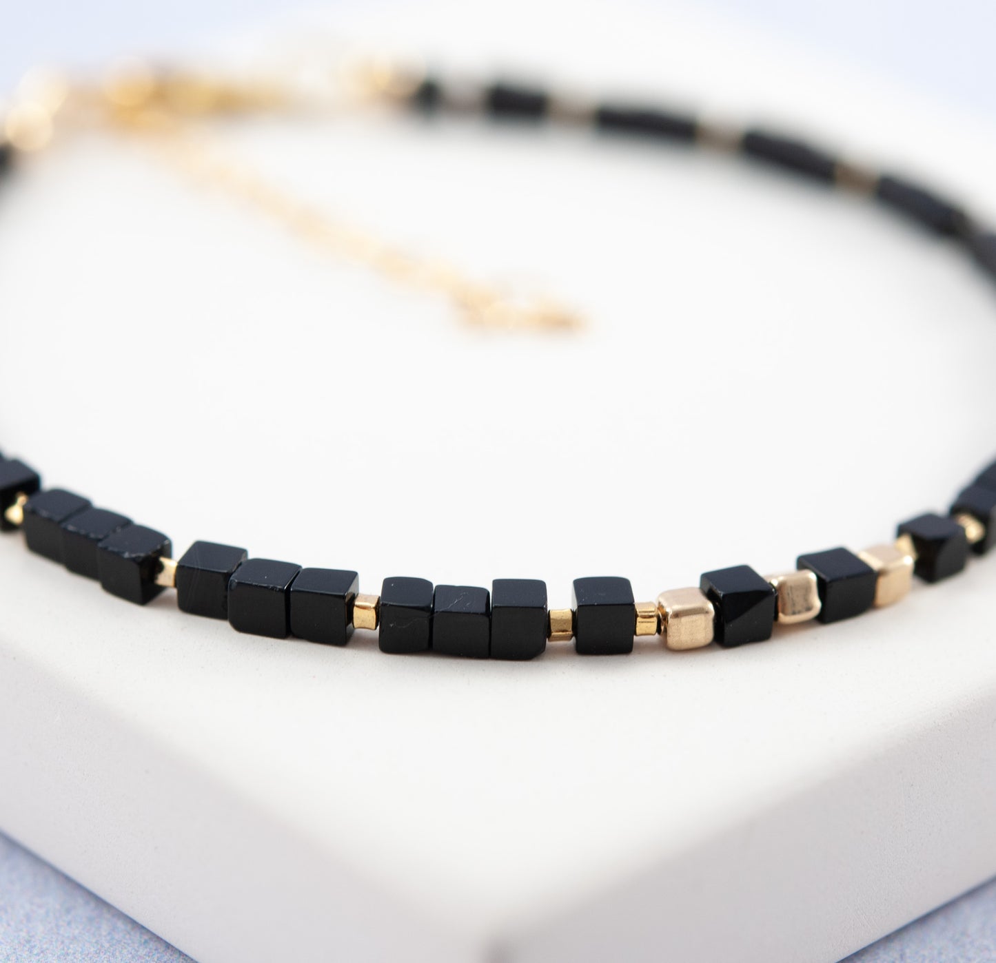 Black Agate Gemstone & Gold Fill Cube Bracelet