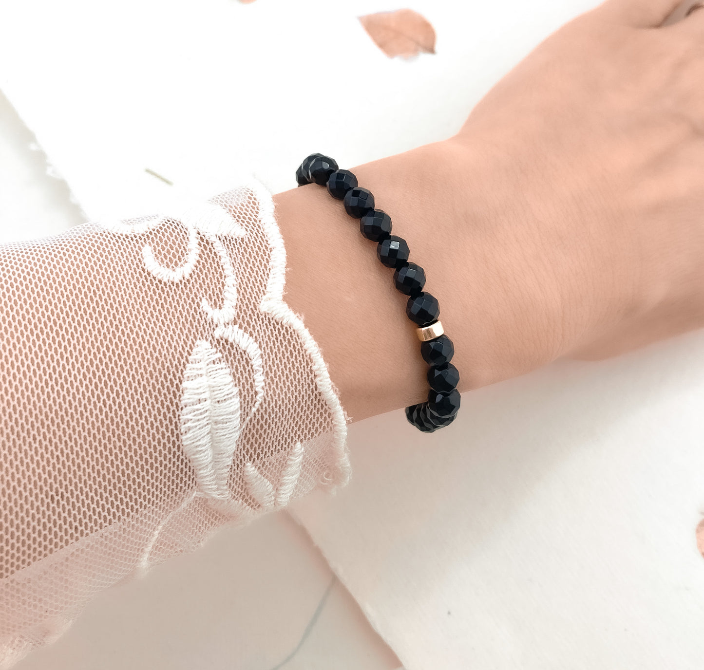 Black Onyx & 14k Gold Fill / 925 Sterling Silver Rondelle Gemstone Bracelet