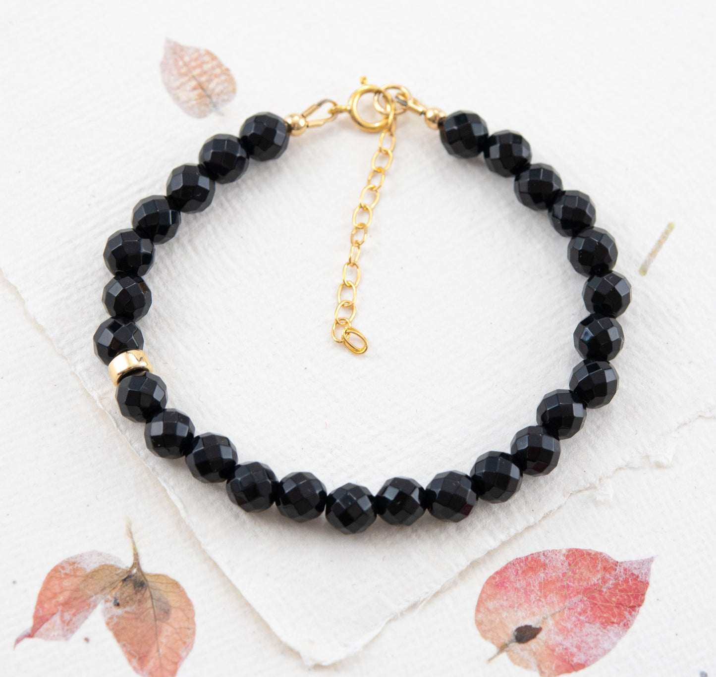 Black Onyx & 14k Gold Fill / 925 Sterling Silver Rondelle Gemstone Bracelet