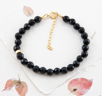 Black Onyx & 14k Gold Fill / 925 Sterling Silver Rondelle Gemstone Bracelet