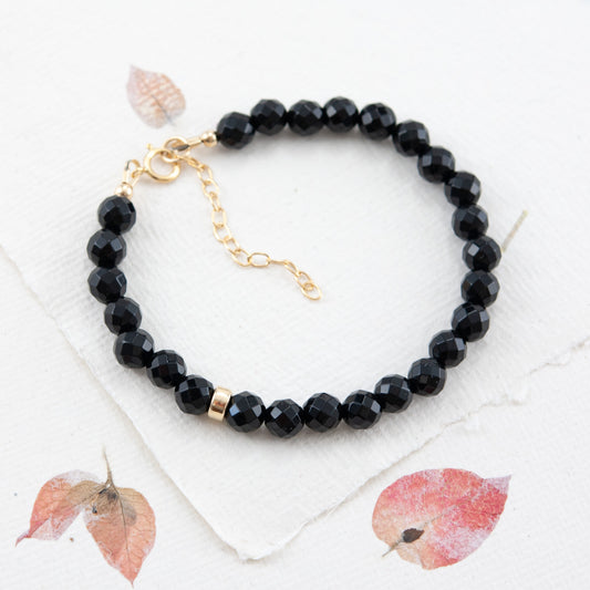 Black Onyx & 14k Gold Fill / 925 Sterling Silver Rondelle Gemstone Bracelet