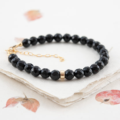 Black Onyx & 14k Gold Fill / 925 Sterling Silver Rondelle Gemstone Bracelet