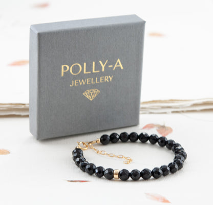 Black Onyx & 14k Gold Fill / 925 Sterling Silver Rondelle Gemstone Bracelet
