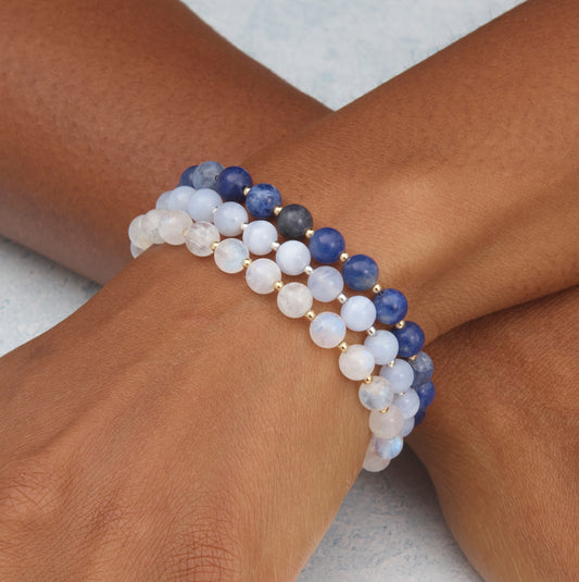 Set Of 3 Gemstone Stacking Bracelets (Moonstone, Blue Lace Agate & Sodalite)